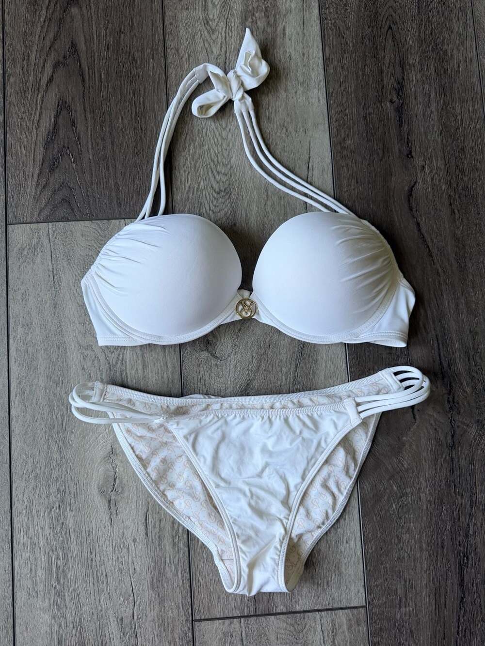 Victoria's Secret White Push-Up Ruched Halter Bikini Swimsuit 34C M- Honeymoon